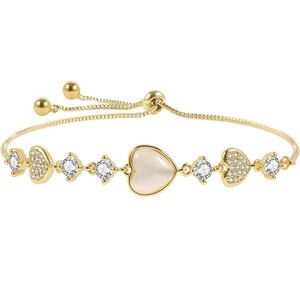 Dainty Adjustable 14K Gold Plated Heart Link Chain Bracelet for Women